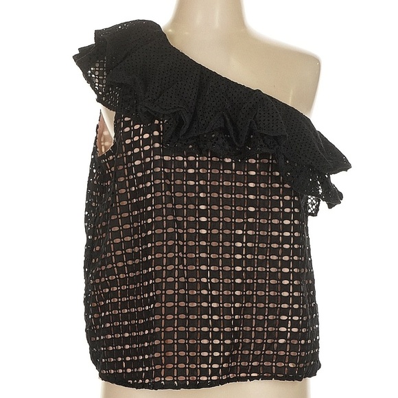 J. Crew Black Cotton Eyelet Lace Ruffled One-Shoulder Top Blouse Size 12 Large L - Picture 2 of 7
